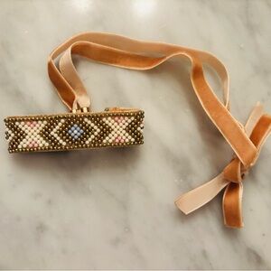 Beaded Geometric Pattern Hair Adornment with Velvet Ribbon NWOT